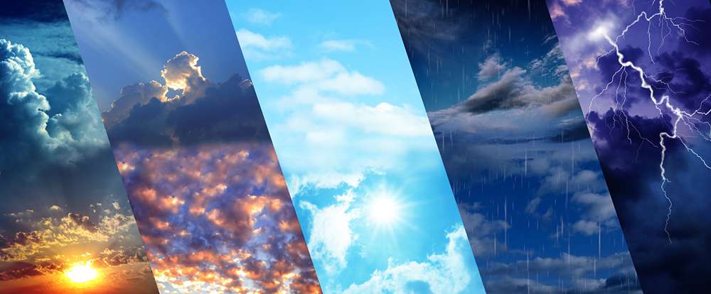 Foto che mostra il cielo in diverse condizioni meteorologiche in un collage.